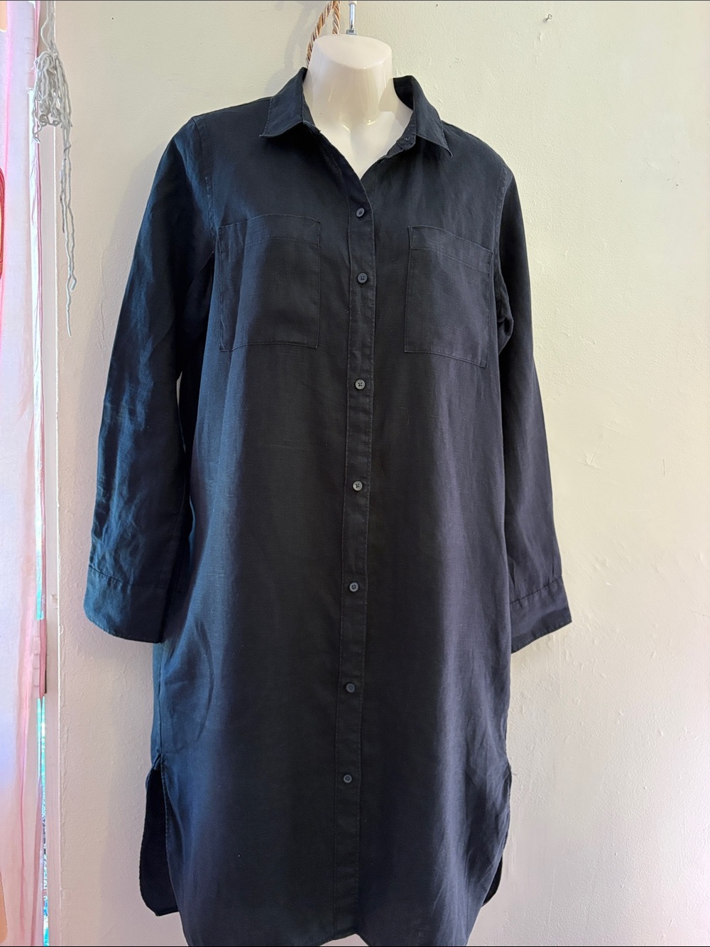 Everlane Black Button-Front Midi Shirt Dress.  100. Linen